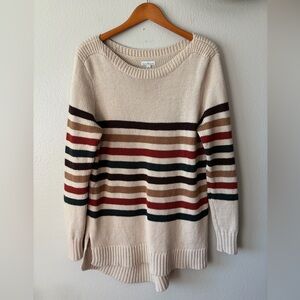 L.L. Bean Signature 100% Merino Wool Cream Striped Oversized Crew Neck Sweater